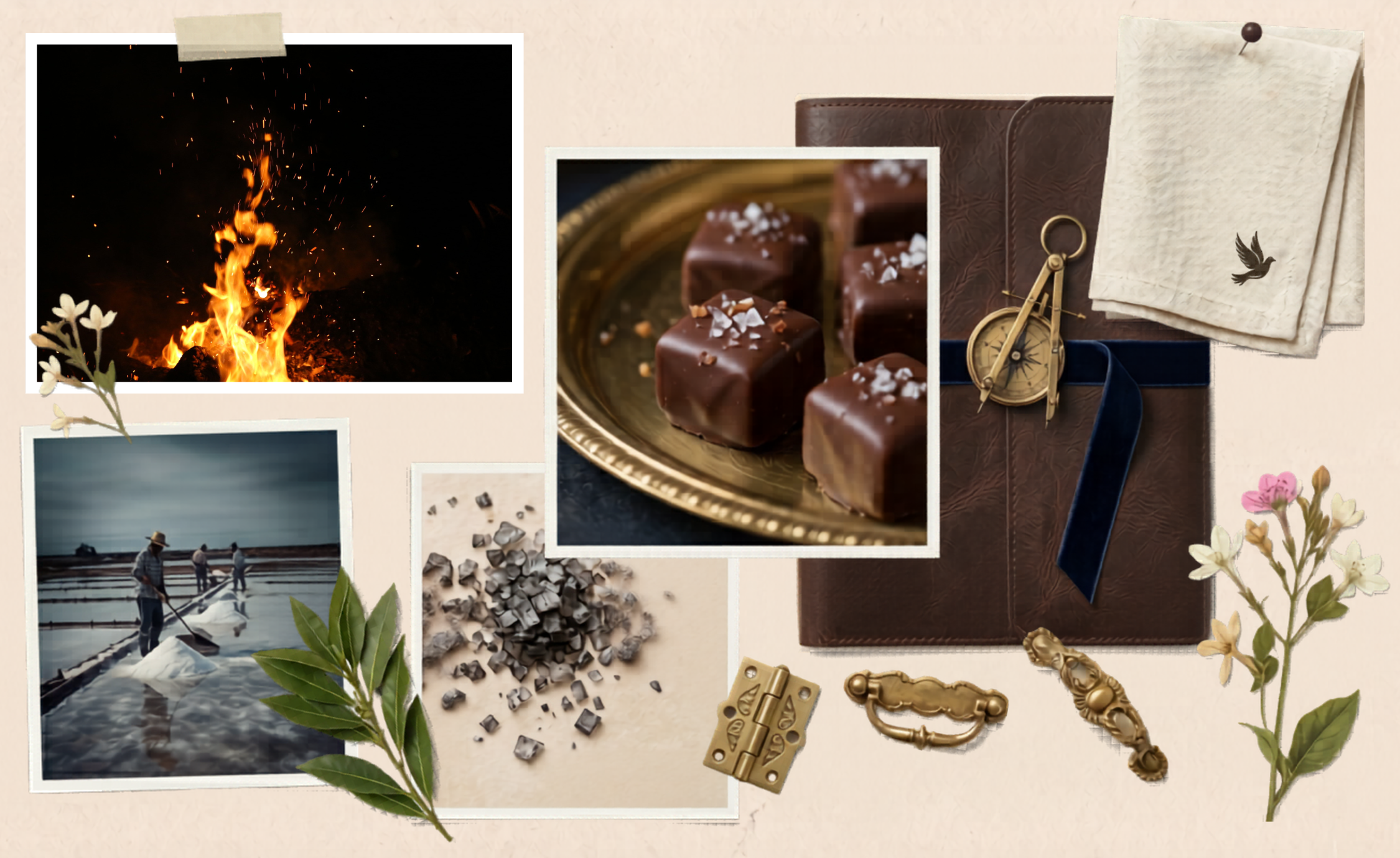 Collage of images including a campfire, chocolate truffles, a lake scene, and decorative items.