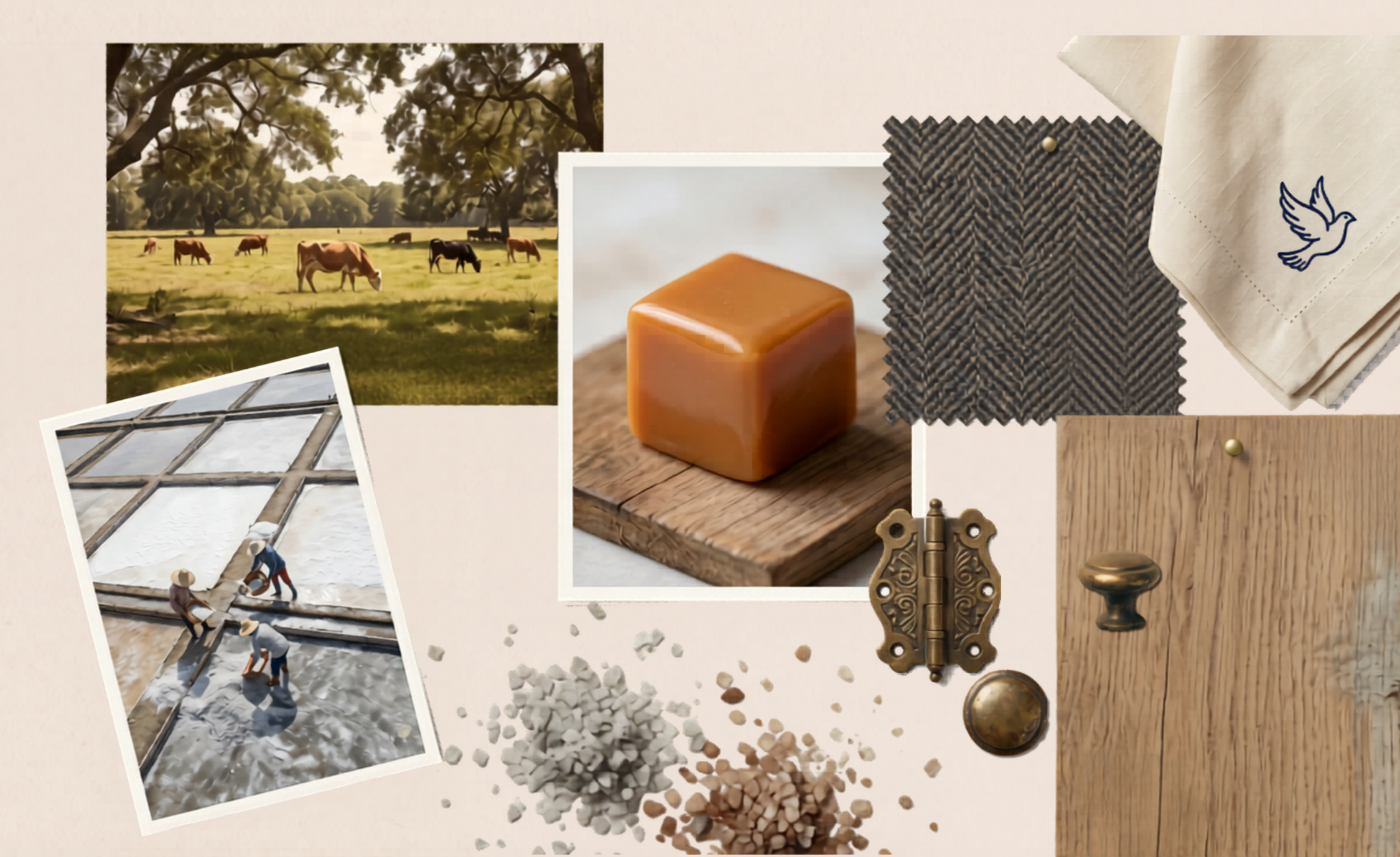 Collage of images including a field with cows, caramel on a wooden board, fabric swatches, a photo of people by a river, and metal hardware.