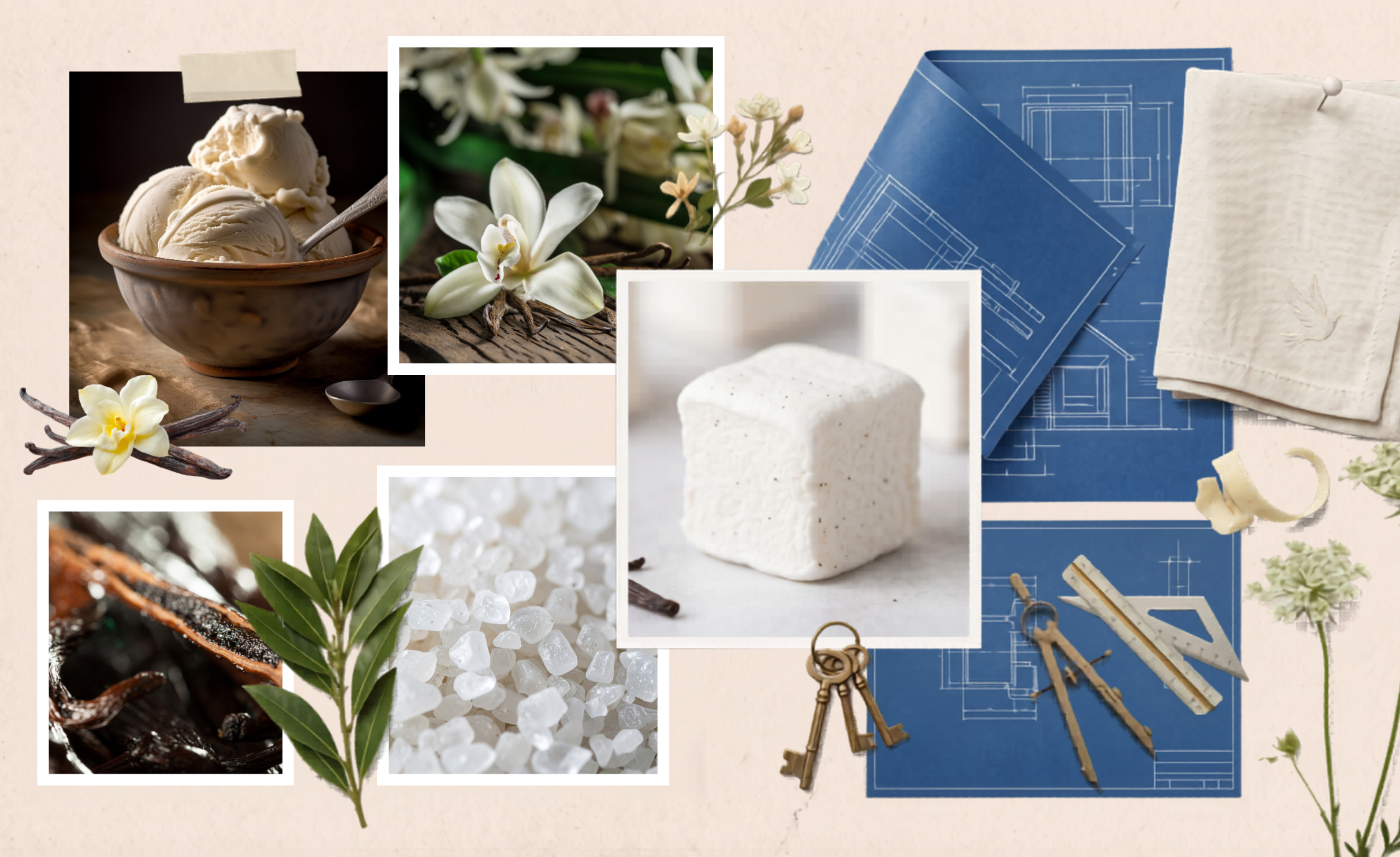 Collage of vanilla beans, flowers, ice cream, and architectural blueprints on a beige background.
