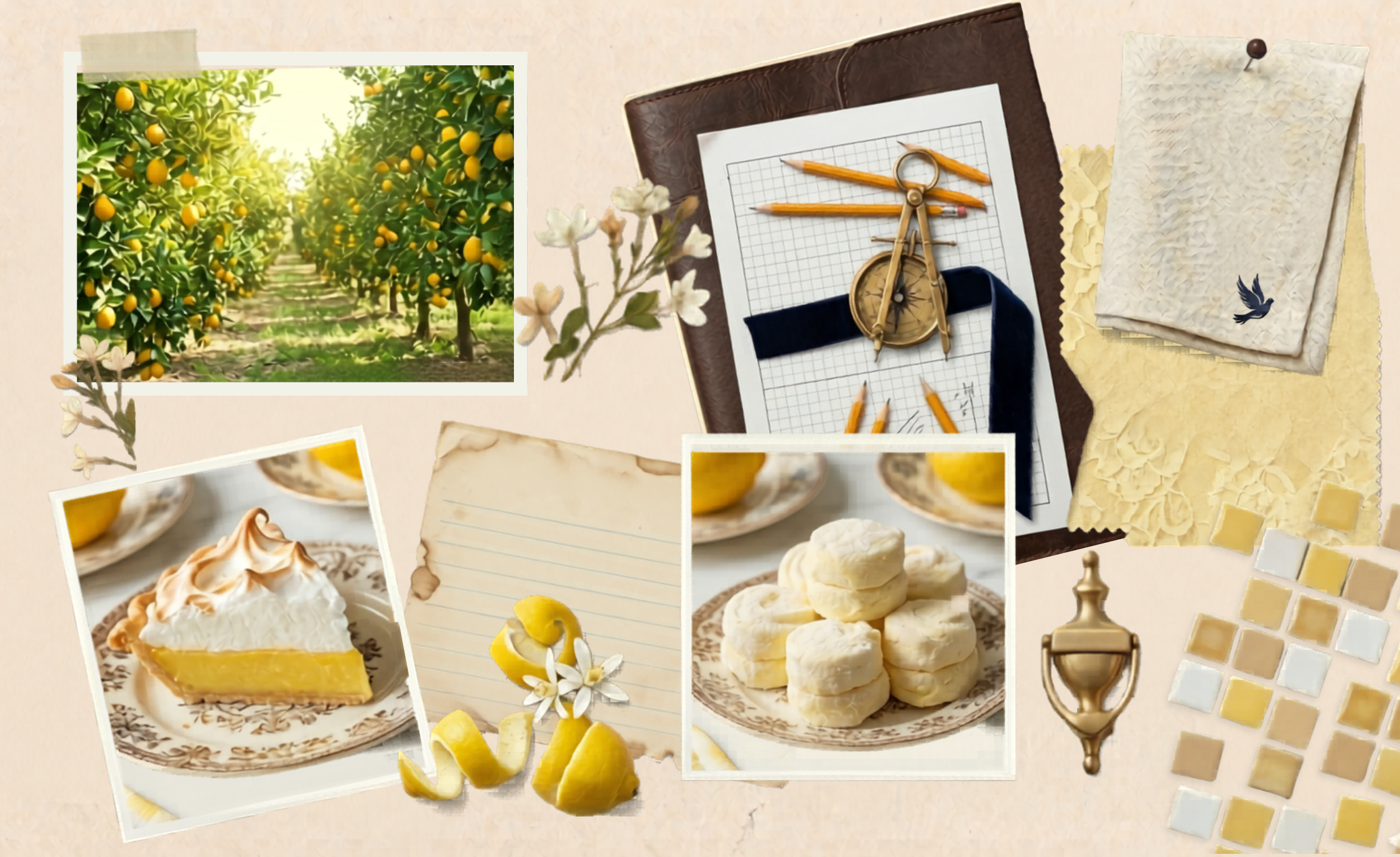 Collage of images including an orange grove, a notebook with stationery items, lemon slices, and desserts.